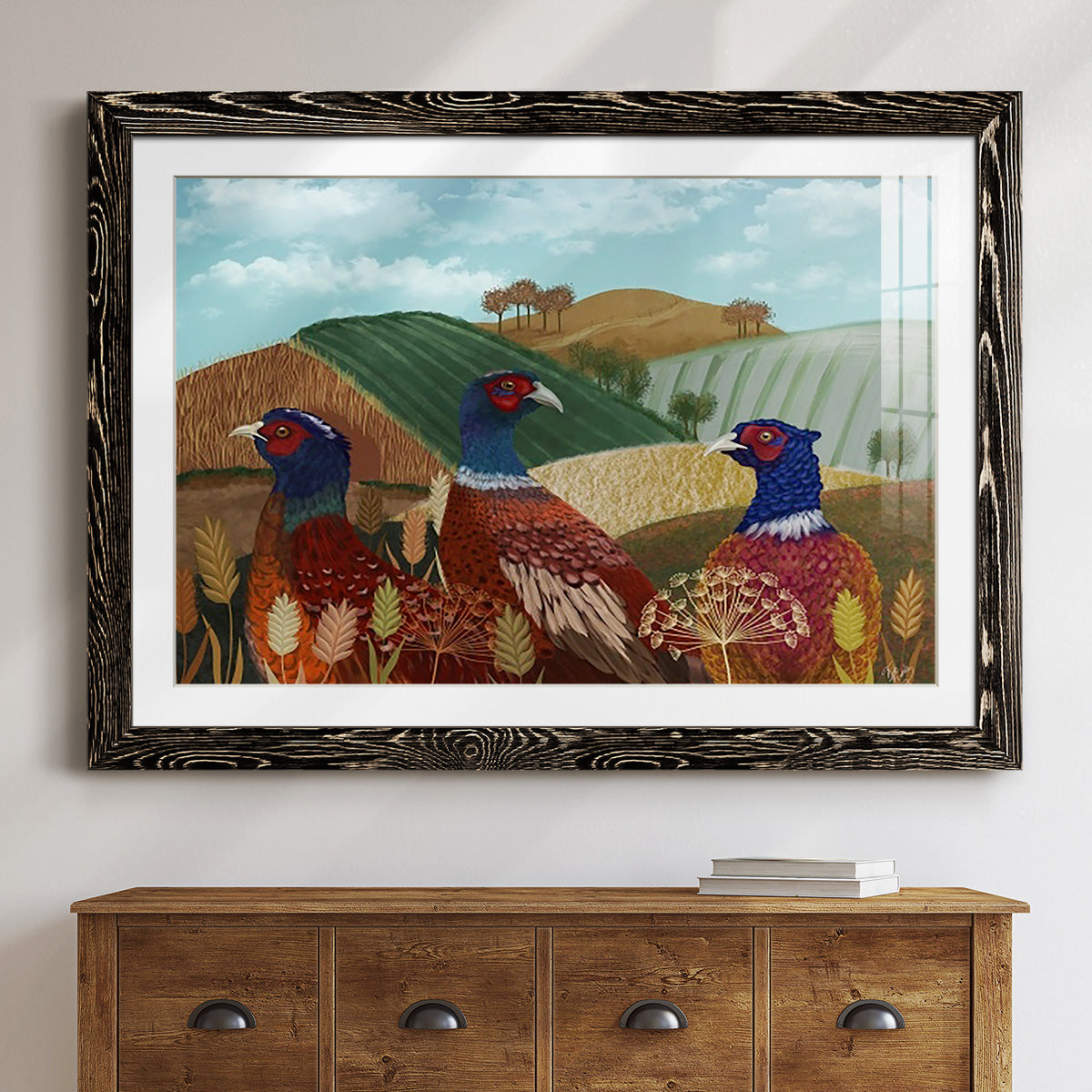 Pheasant Trio in Field-Premium Framed Print - Ready to Hang
