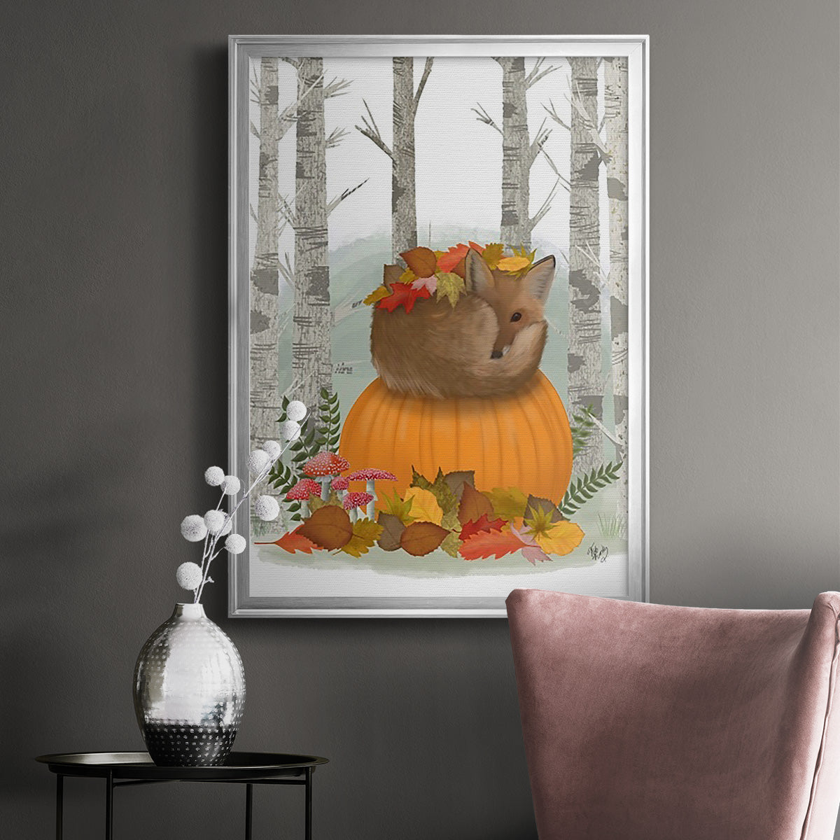 Fox Curled on Pumpkin Premium Framed Print - Ready to Hang