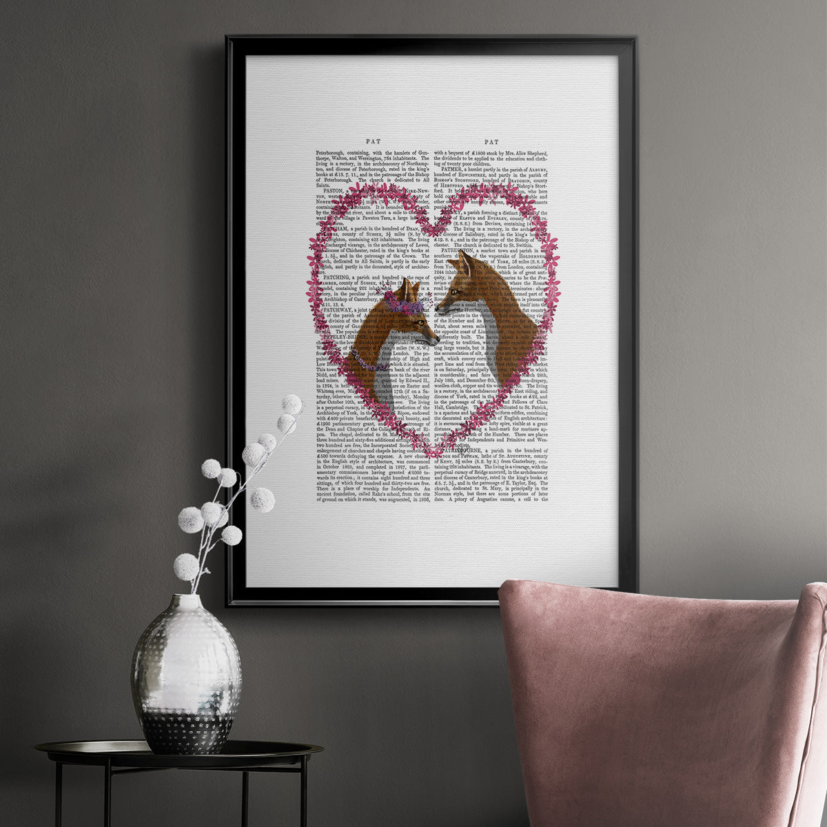 Foxes in Pink Heart Premium Framed Print - Ready to Hang