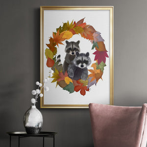 Raccoons Autumn Leaf Wreath Premium Framed Print - Ready to Hang