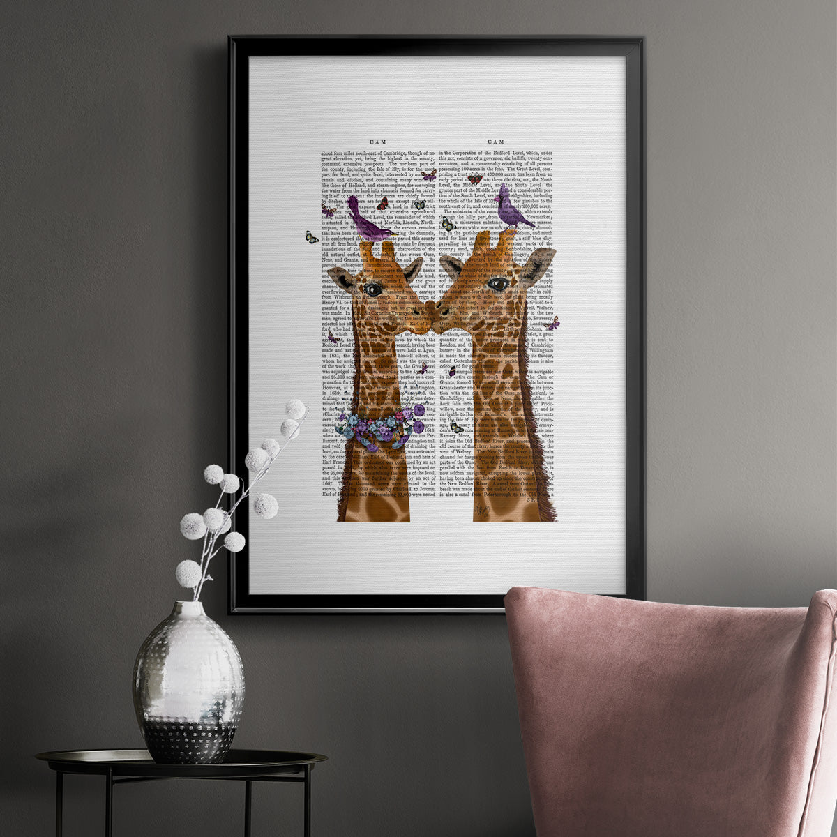 Kissing Giraffes with Birds Premium Framed Print - Ready to Hang