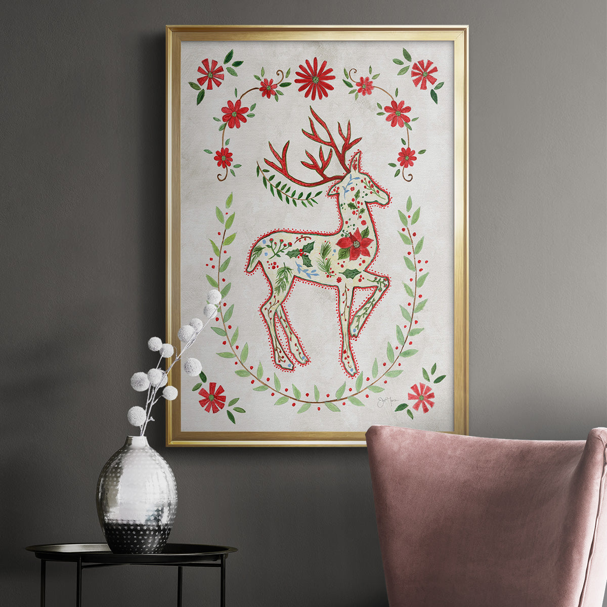 Christmas Folk Reindeer Premium Framed Print - Ready to Hang