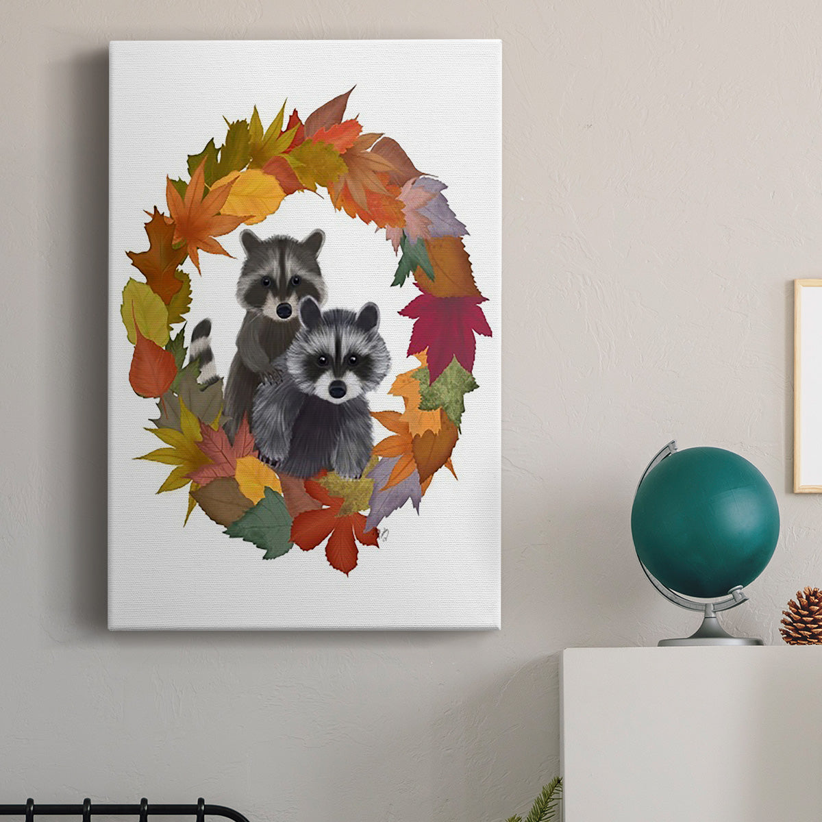 Raccoons Autumn Leaf Wreath Premium Gallery Wrapped Canvas - Ready to Hang