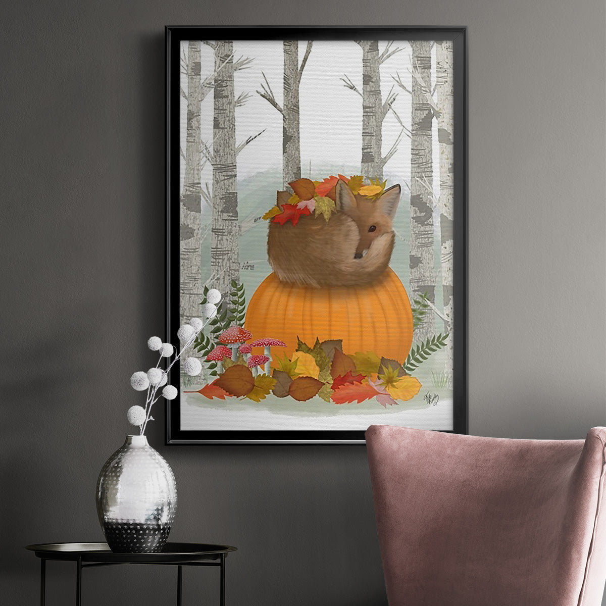 Fox Curled on Pumpkin Premium Framed Print - Ready to Hang