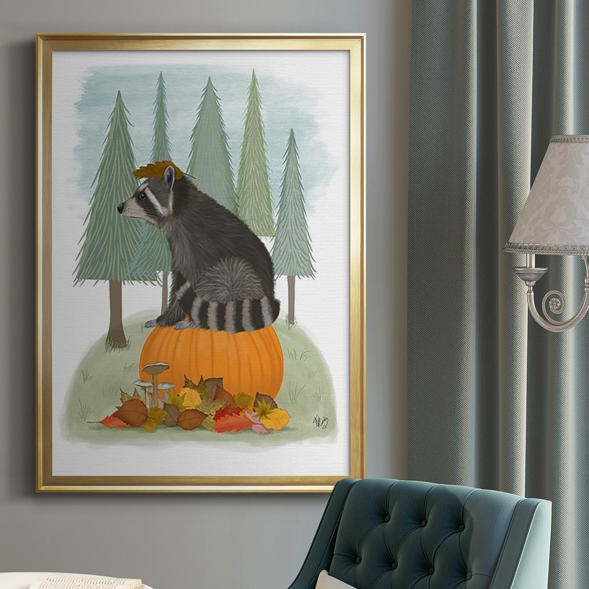 Raccoon On Pumpkin Premium Framed Print - Ready to Hang