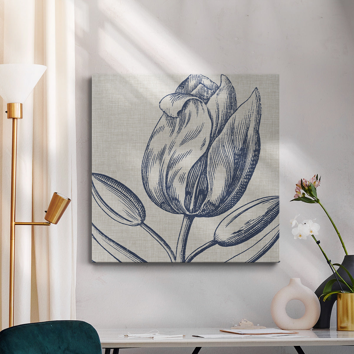 Indigo Floral on Linen IV-Premium Gallery Wrapped Canvas - Ready to Hang