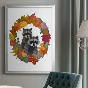 Raccoons Autumn Leaf Wreath Premium Framed Print - Ready to Hang