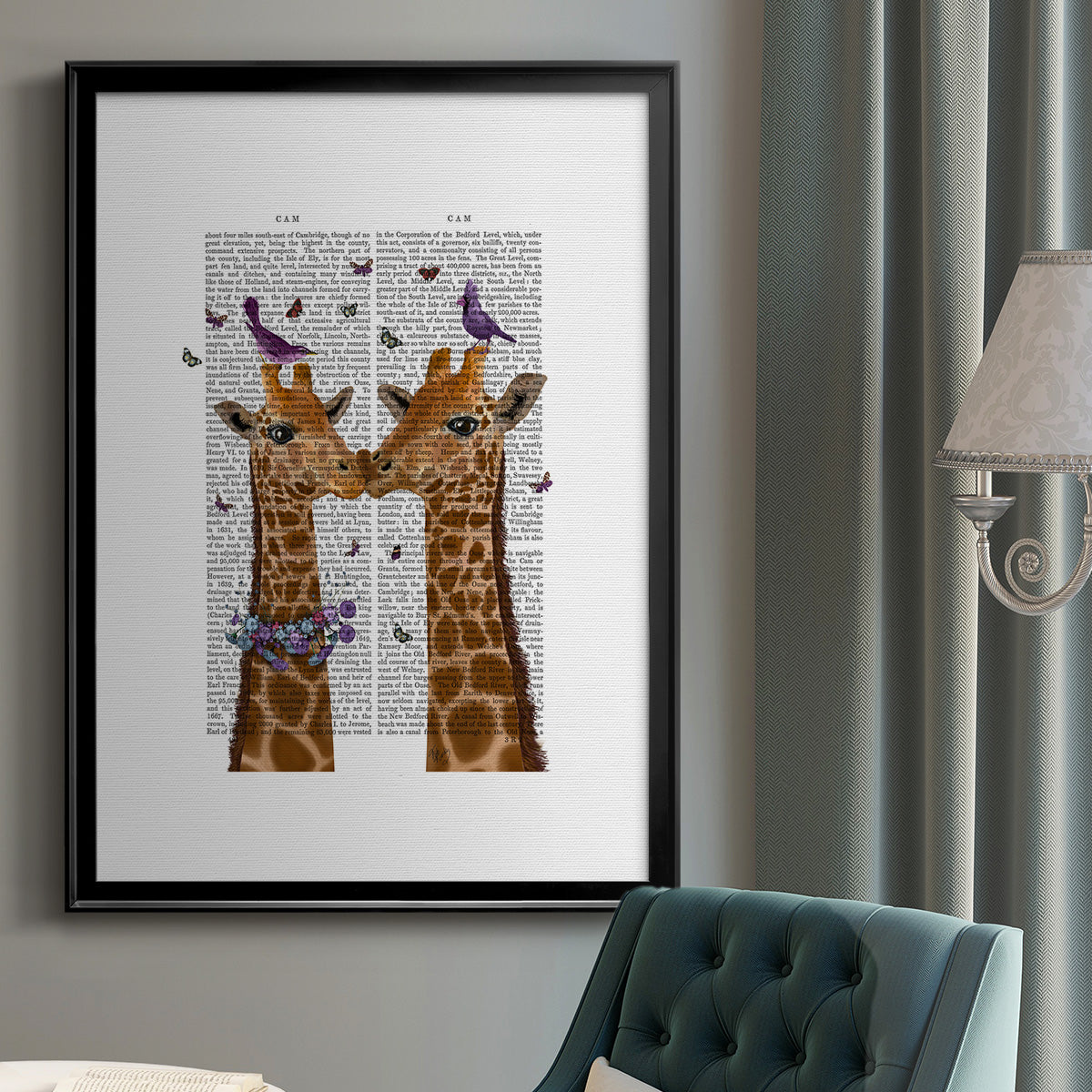 Kissing Giraffes with Birds Premium Framed Print - Ready to Hang