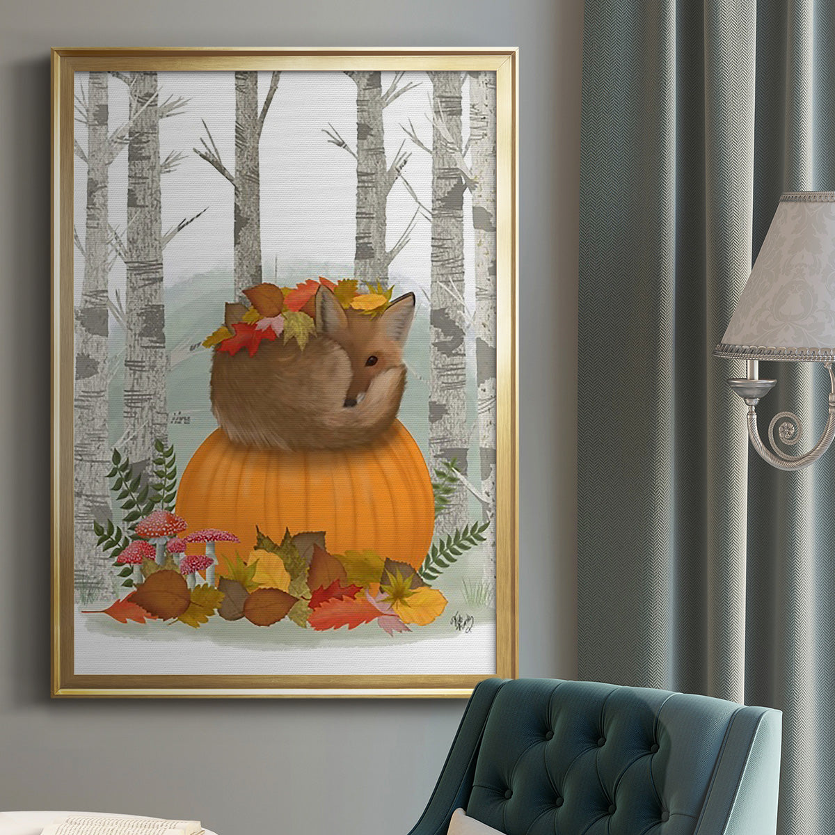 Fox Curled on Pumpkin Premium Framed Print - Ready to Hang