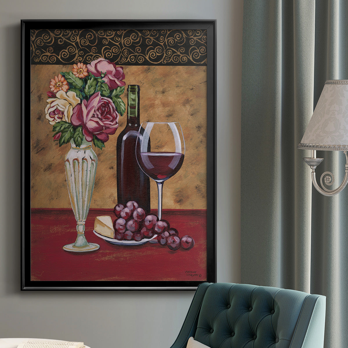 Vintage Flowers and Wine I Premium Framed Print - Ready to Hang