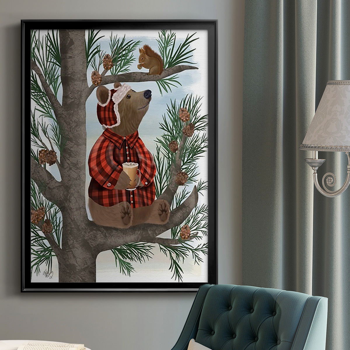 Lumberjack Bear Pine Tree Coffee Break Premium Framed Print - Ready to Hang