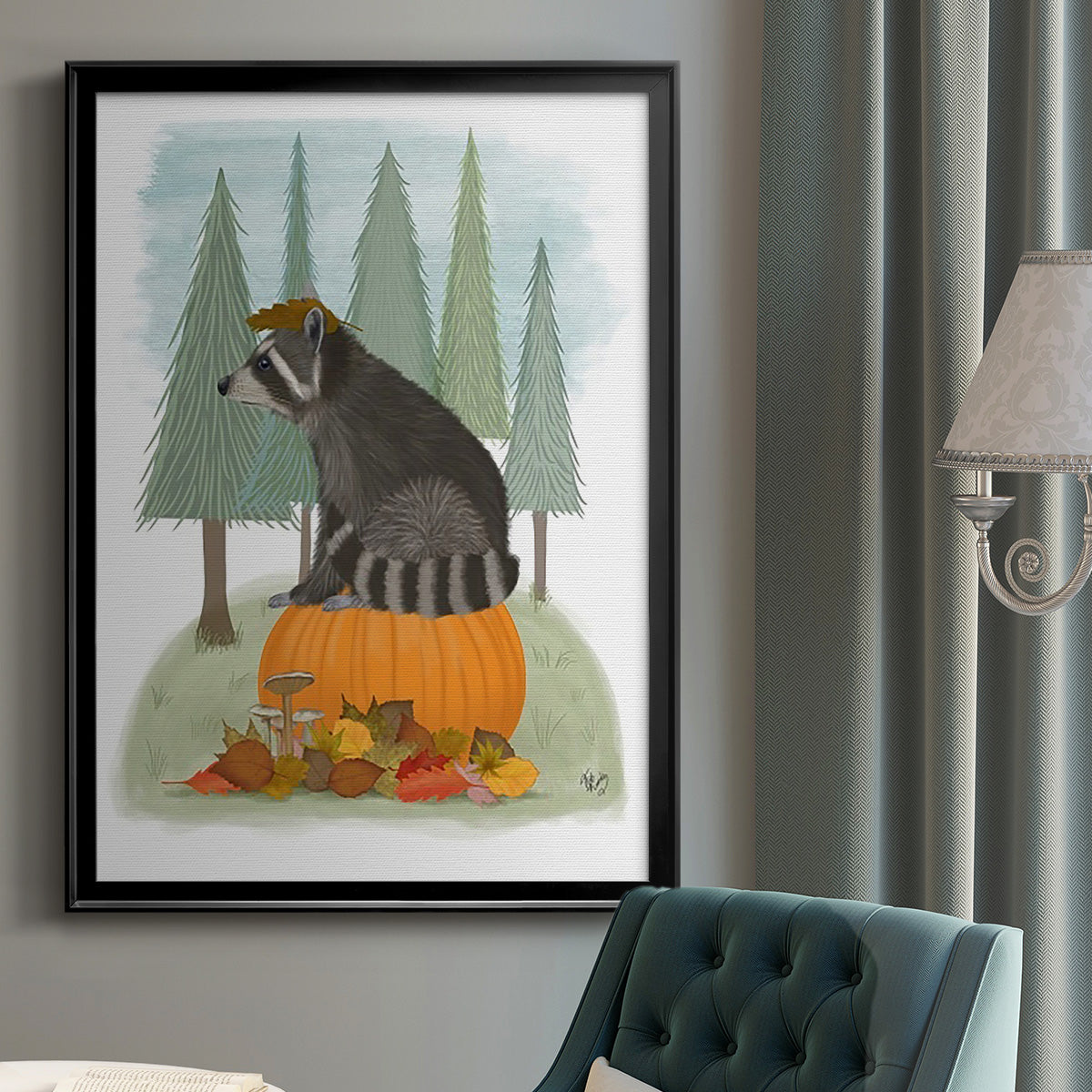 Raccoon On Pumpkin Premium Framed Print - Ready to Hang