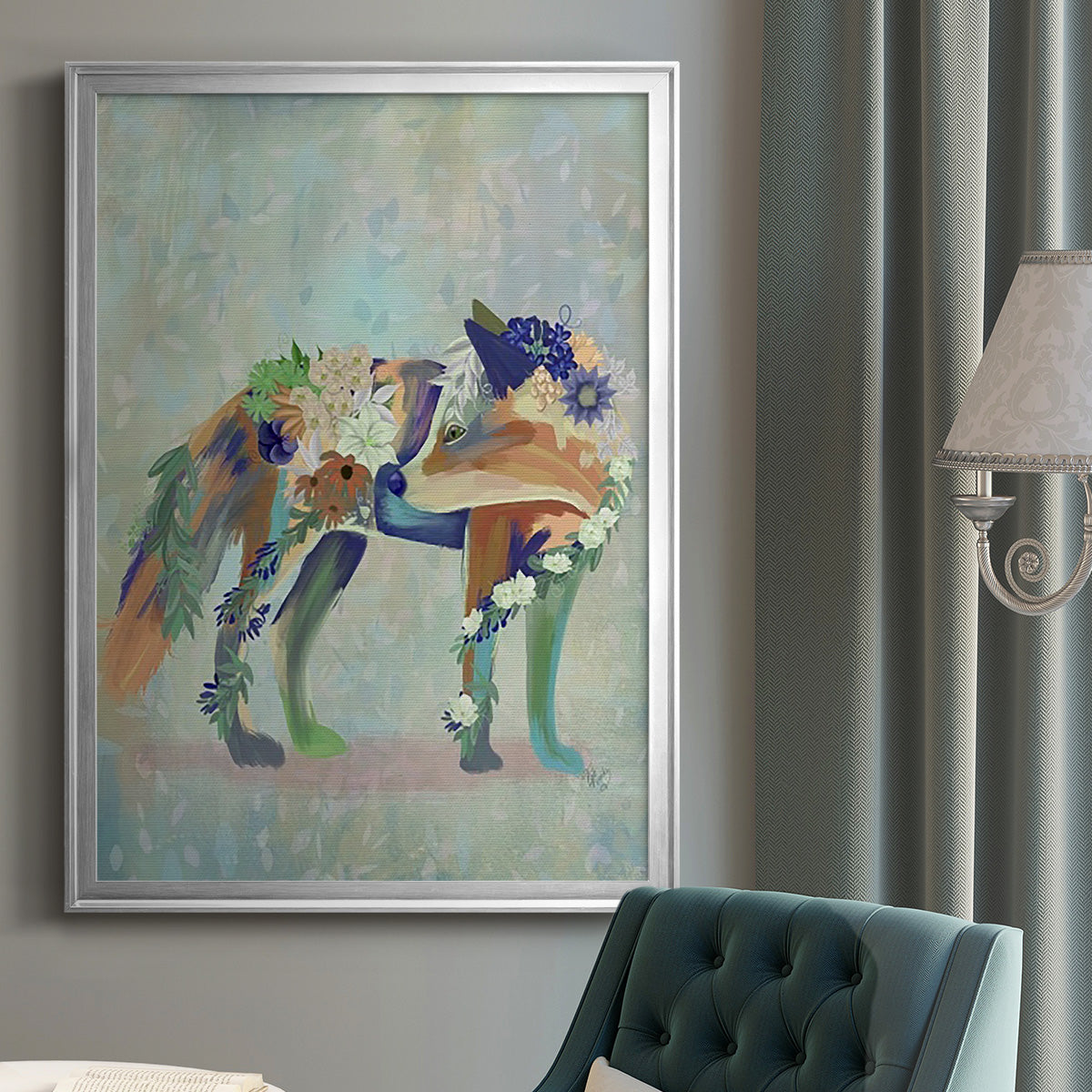 Fantastic Florals Fox, Standing Premium Framed Print - Ready to Hang