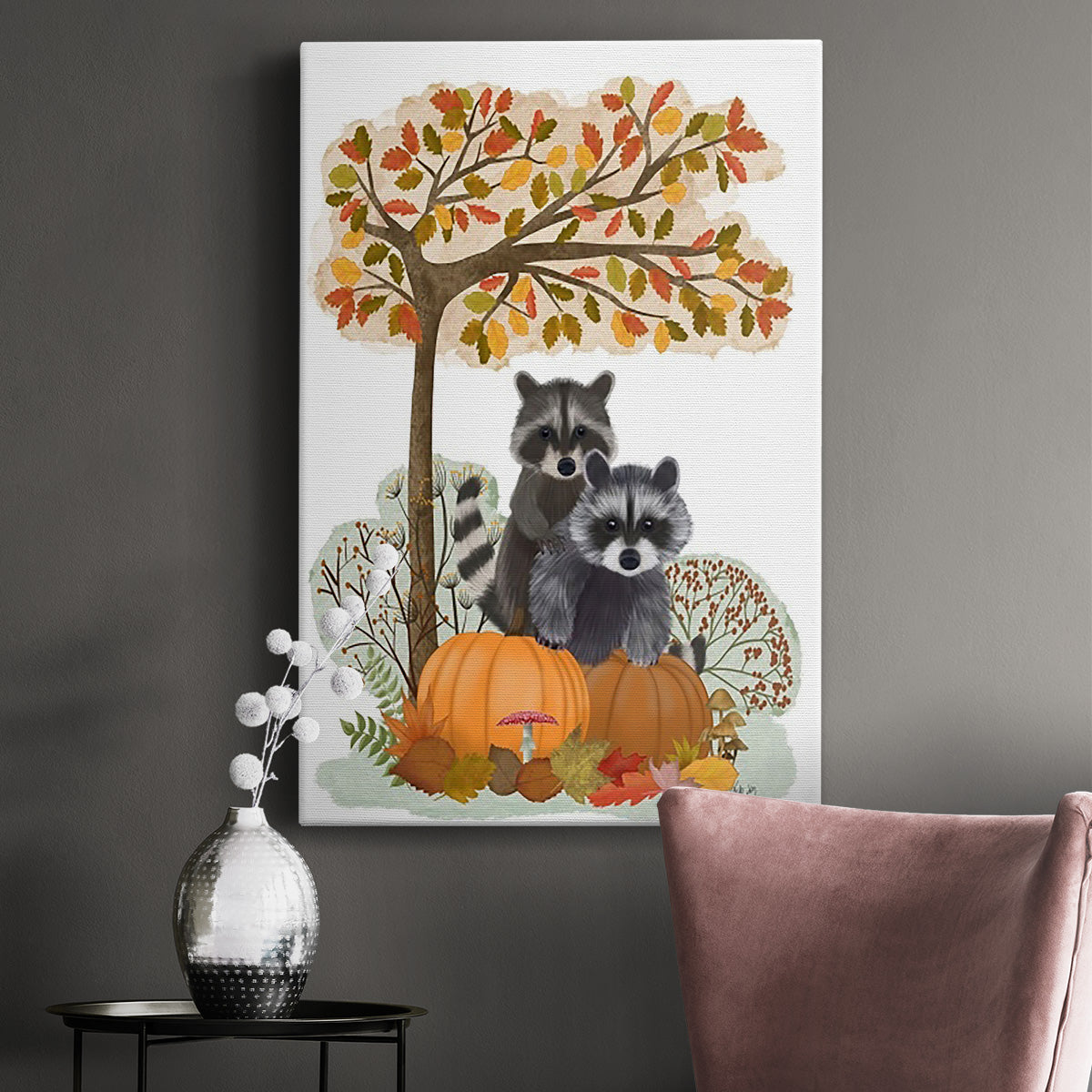 Raccoons On Pumpkins Under Tree Premium Gallery Wrapped Canvas - Ready to Hang