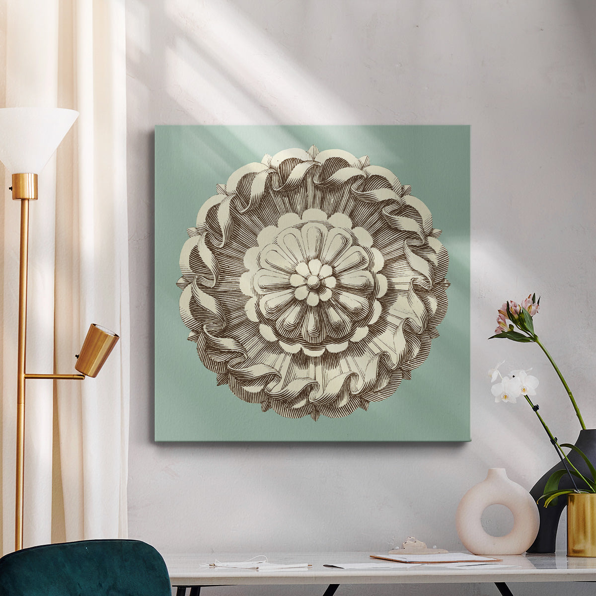 CKd Celadon&Mocha Rosette IV (NC)-Premium Gallery Wrapped Canvas - Ready to Hang
