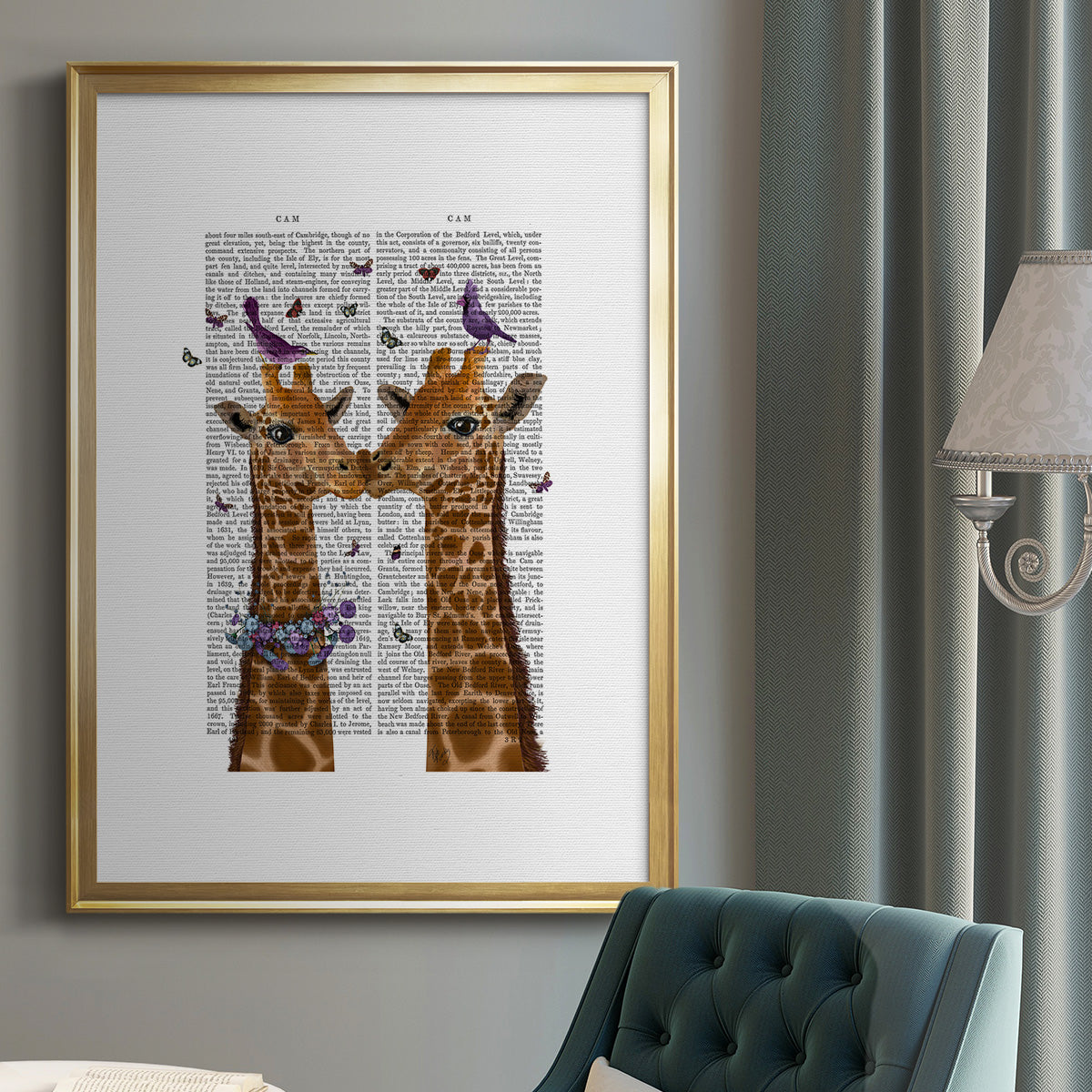 Kissing Giraffes with Birds Premium Framed Print - Ready to Hang