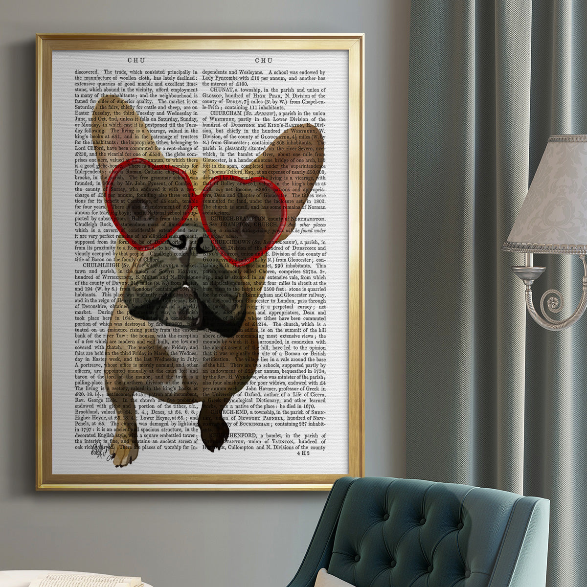 French Bulldog and Heart Glasses Premium Framed Print - Ready to Hang