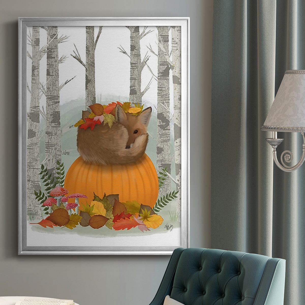 Fox Curled on Pumpkin Premium Framed Print - Ready to Hang