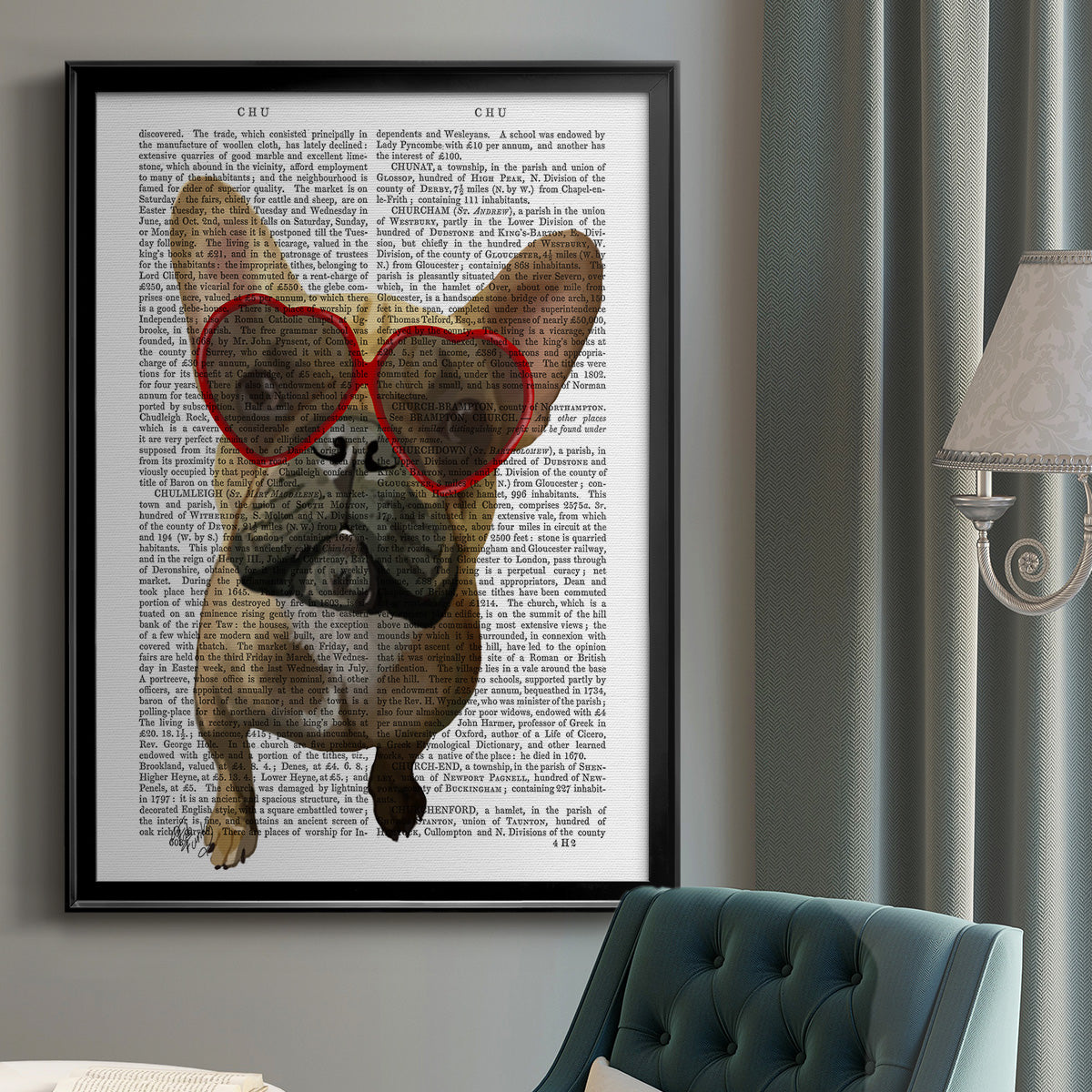 French Bulldog and Heart Glasses Premium Framed Print - Ready to Hang