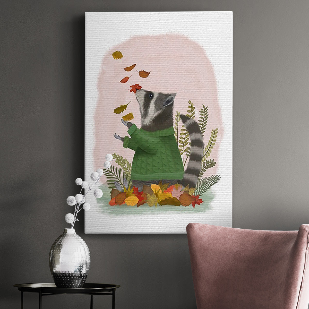 Raccoon Catching Leaves Premium Gallery Wrapped Canvas - Ready to Hang