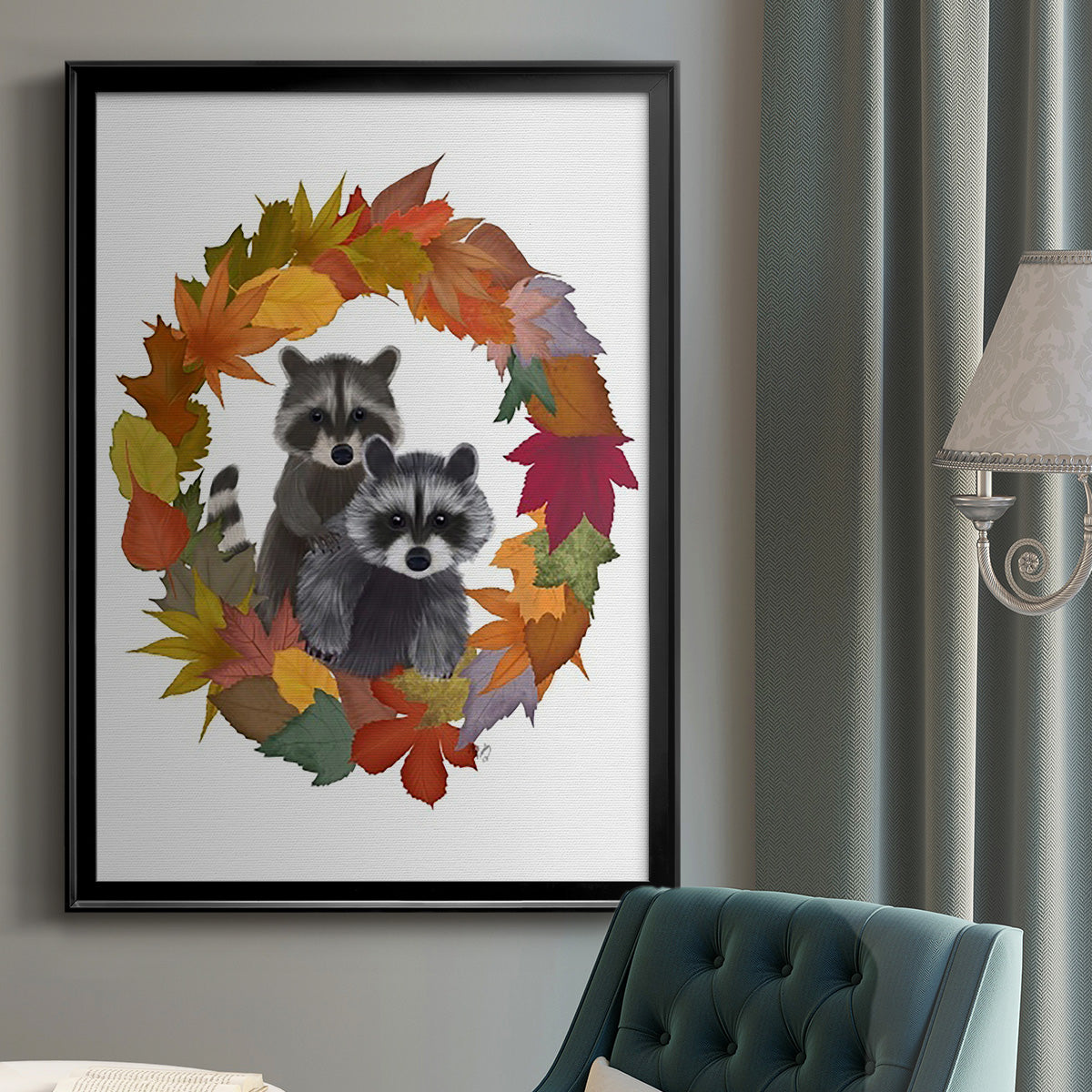 Raccoons Autumn Leaf Wreath Premium Framed Print - Ready to Hang