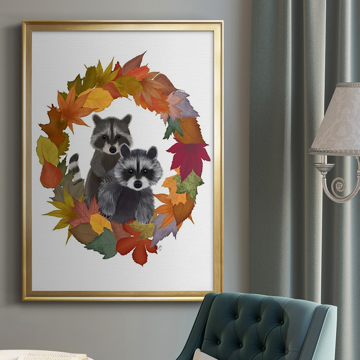 Raccoons Autumn Leaf Wreath Premium Framed Print - Ready to Hang