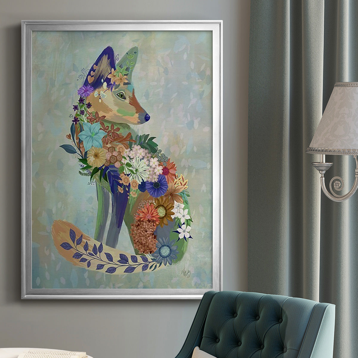 Fantastic Florals Fox, Sitting Premium Framed Print - Ready to Hang