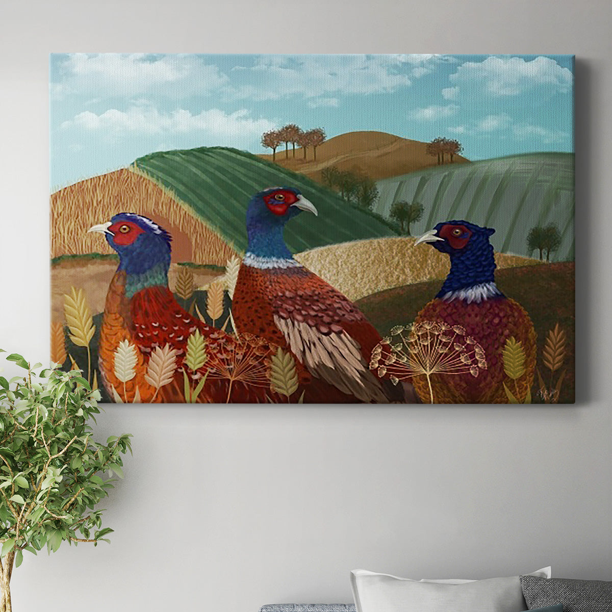 Pheasant Trio in Field Premium Gallery Wrapped Canvas - Ready to Hang