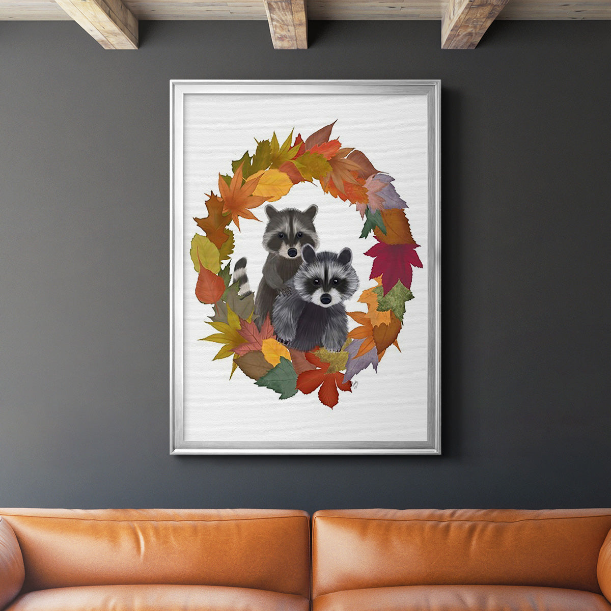 Raccoons Autumn Leaf Wreath Premium Framed Print - Ready to Hang