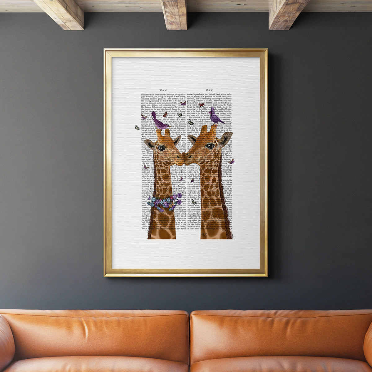 Kissing Giraffes with Birds Premium Framed Print - Ready to Hang