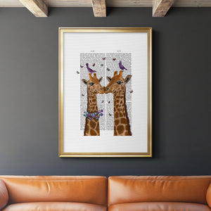 Kissing Giraffes with Birds Premium Framed Print - Ready to Hang