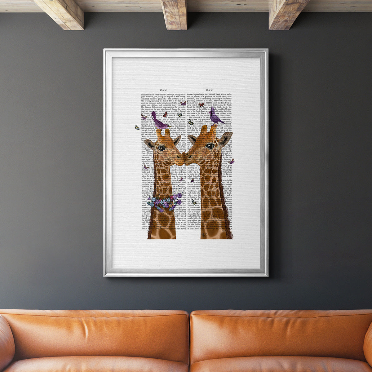 Kissing Giraffes with Birds Premium Framed Print - Ready to Hang