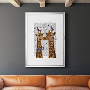 Kissing Giraffes with Birds Premium Framed Print - Ready to Hang