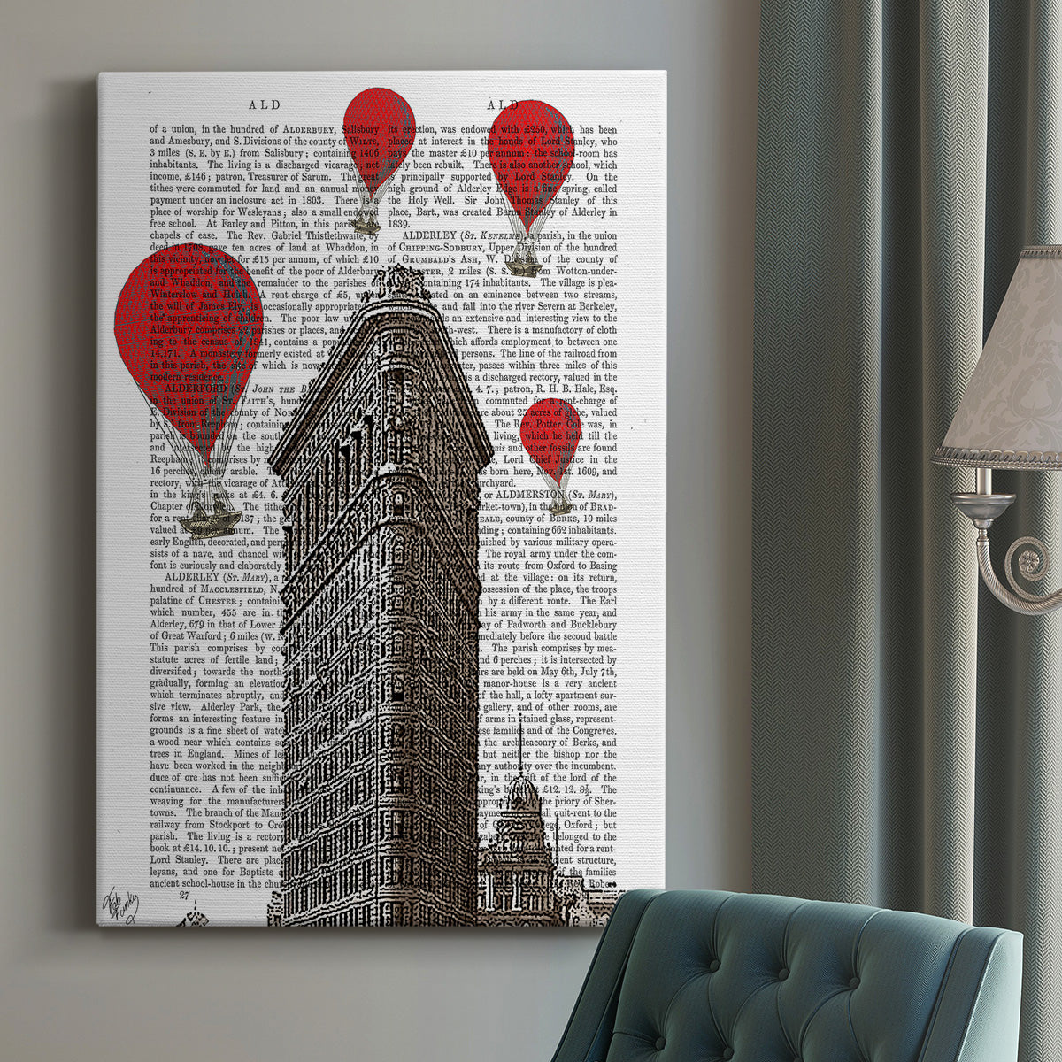 Flat Iron Building and Red Hot Air Balloons Premium Gallery Wrapped Canvas - Ready to Hang