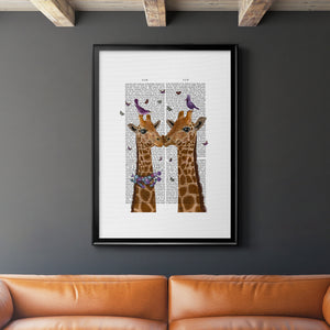 Kissing Giraffes with Birds Premium Framed Print - Ready to Hang