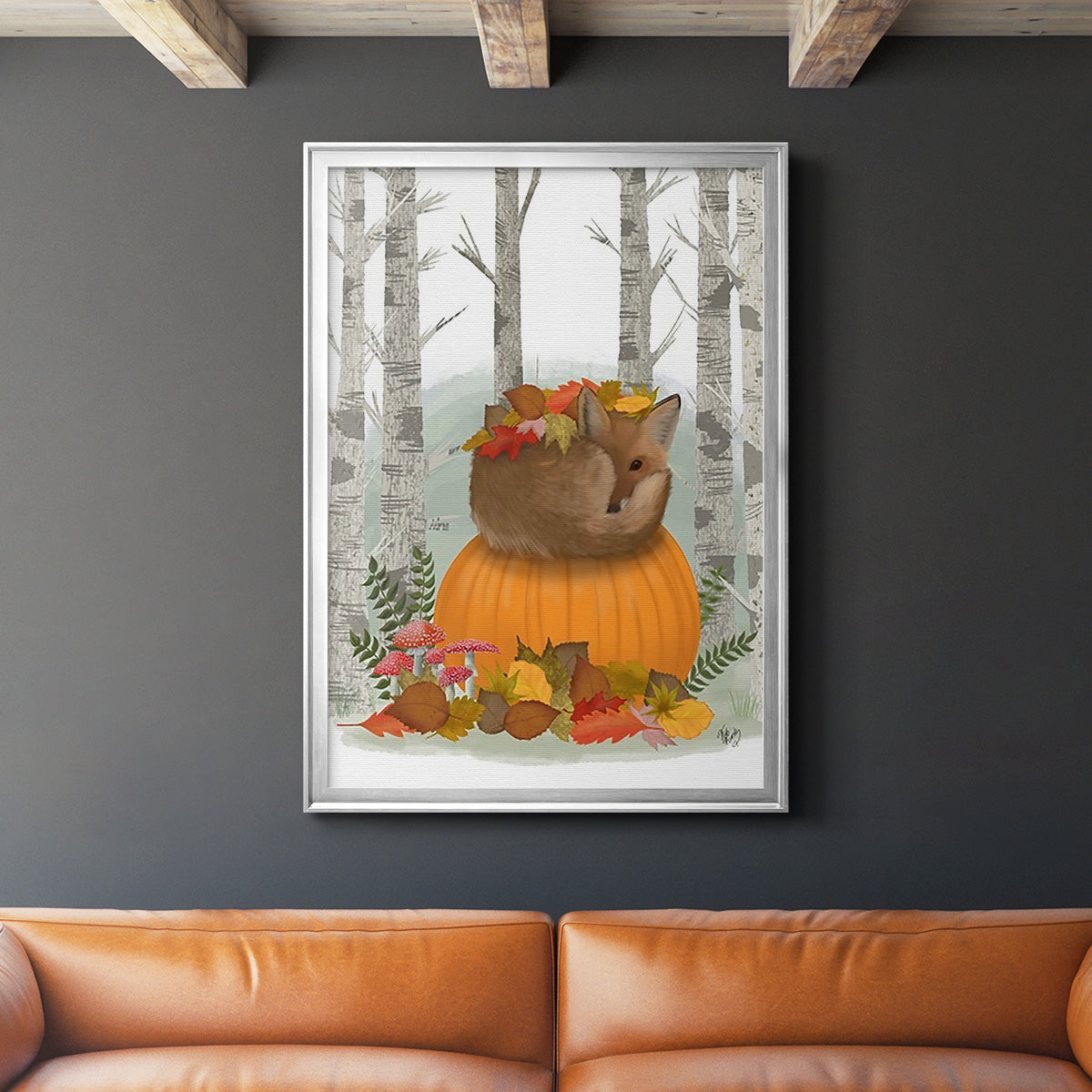 Fox Curled on Pumpkin Premium Framed Print - Ready to Hang