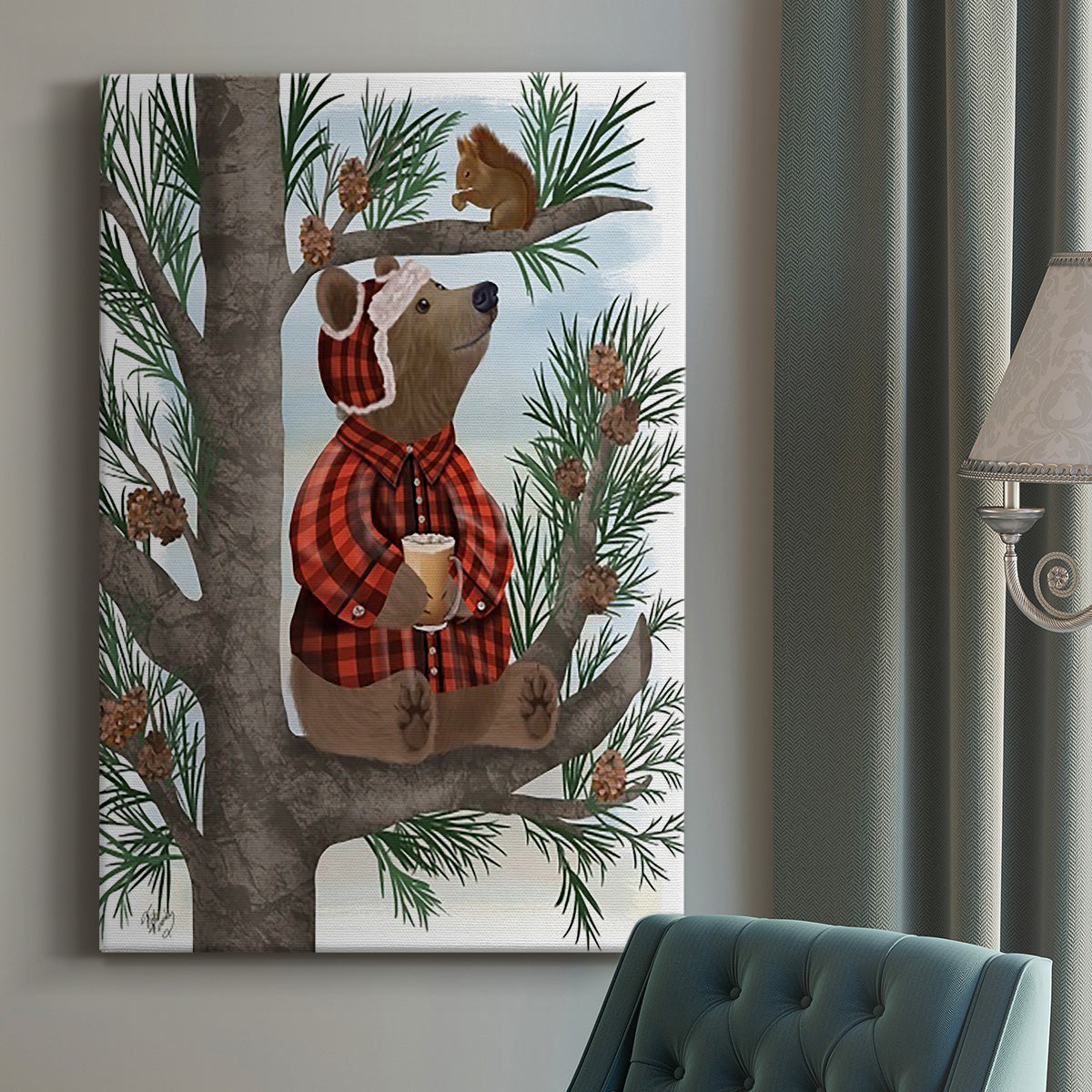 Lumberjack Bear Pine Tree Coffee Break Premium Gallery Wrapped Canvas - Ready to Hang