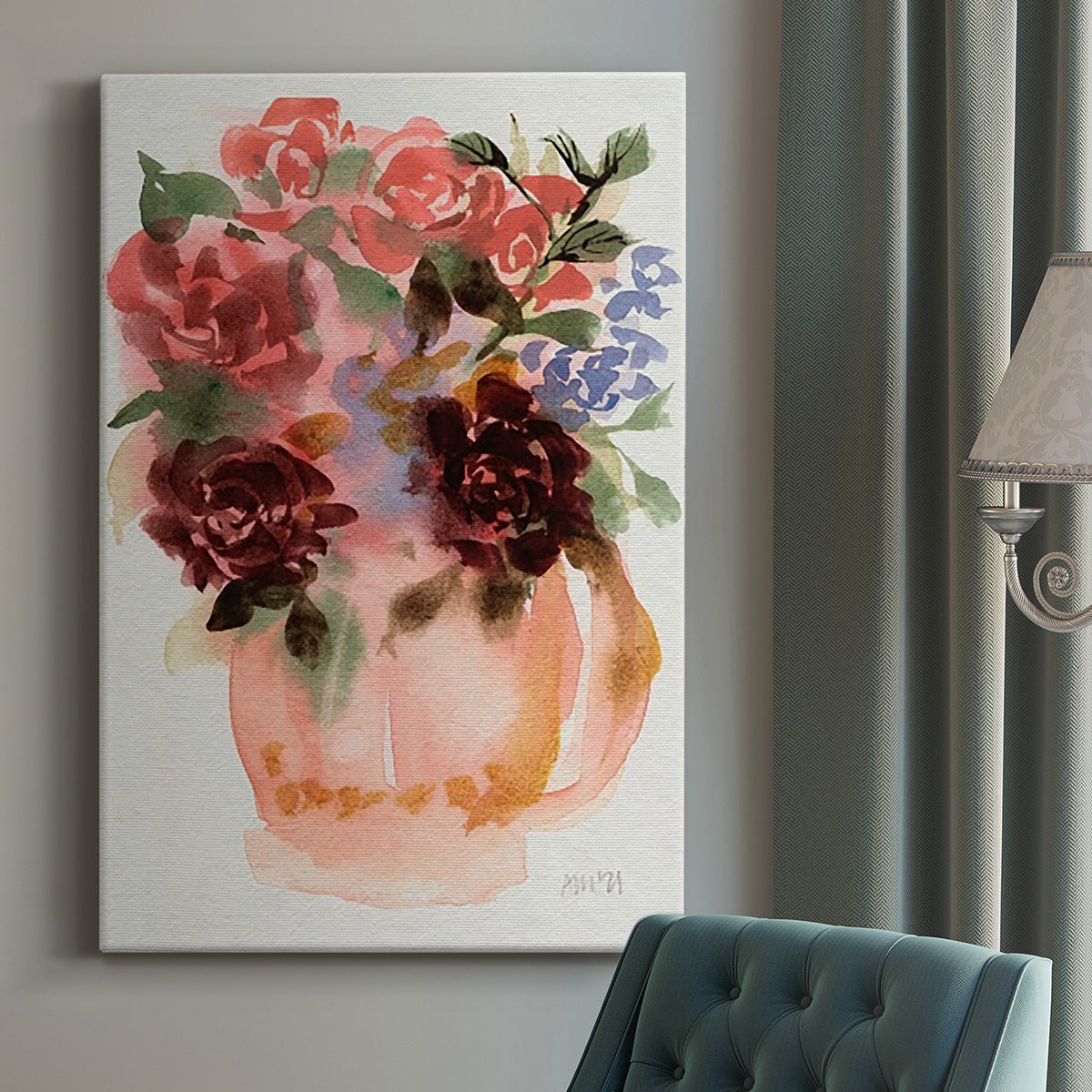 Mauve Bouquet in Teapot I Premium Gallery Wrapped Canvas - Ready to Hang