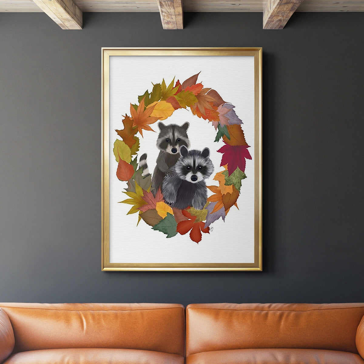 Raccoons Autumn Leaf Wreath Premium Framed Print - Ready to Hang