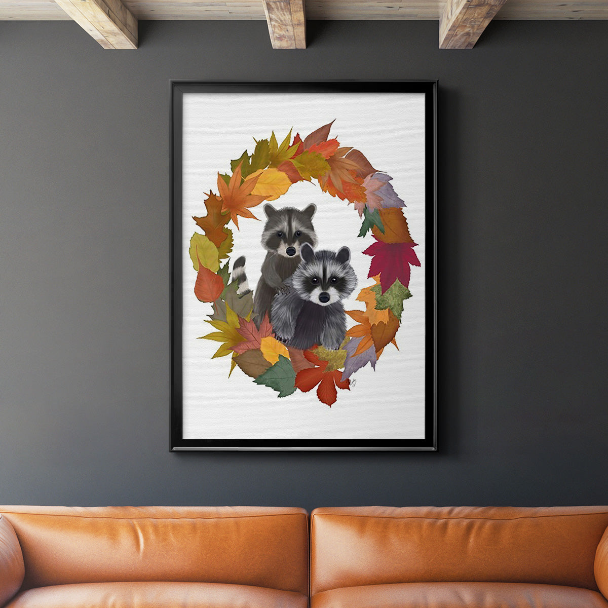 Raccoons Autumn Leaf Wreath Premium Framed Print - Ready to Hang