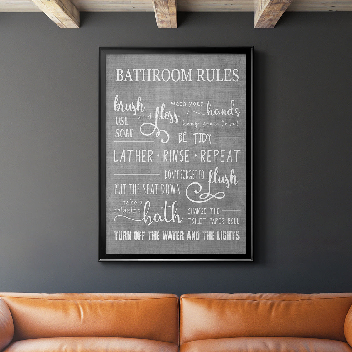 Neutral Bathroom Rules Premium Framed Print - Ready to Hang