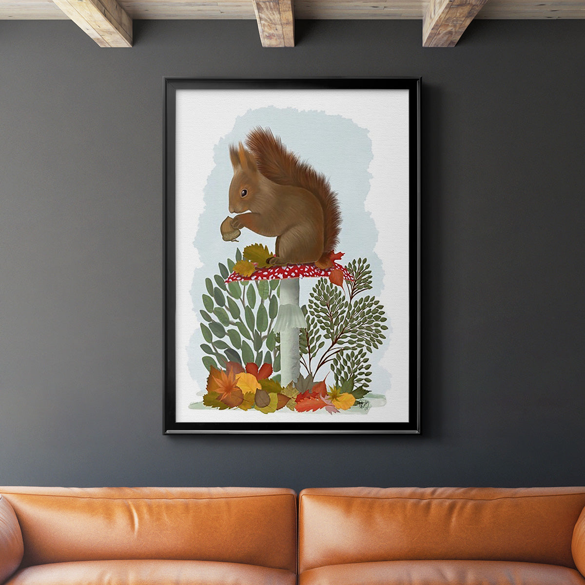 Red Squirrel On Mushroom Premium Framed Print - Ready to Hang